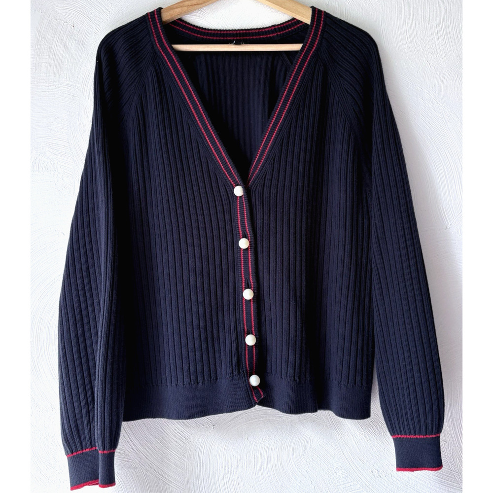 Talbots V-Neck Ribbed Cardigan Sweater Pearl Buttons Navy Old Money Preppy XLP